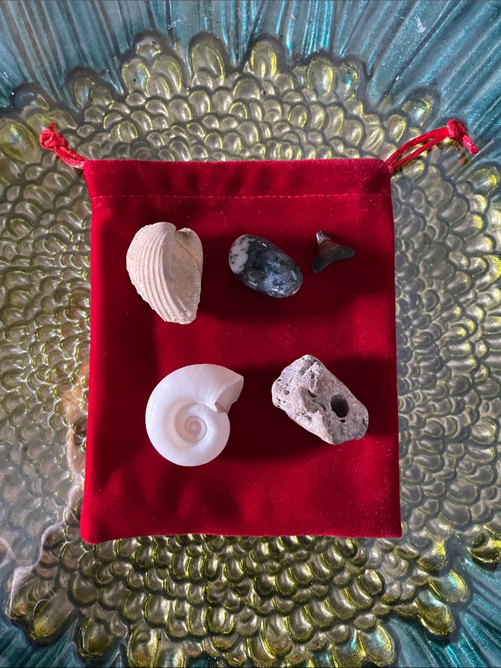 Red Velvet Drawstring Pouch with Shell & Stone Display